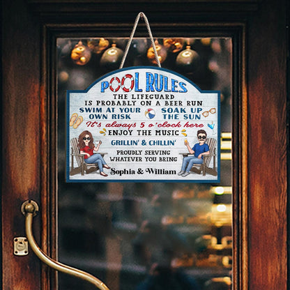 Pool Rules Swim At Your Own Risk - Personalized Backyard Wood Sign