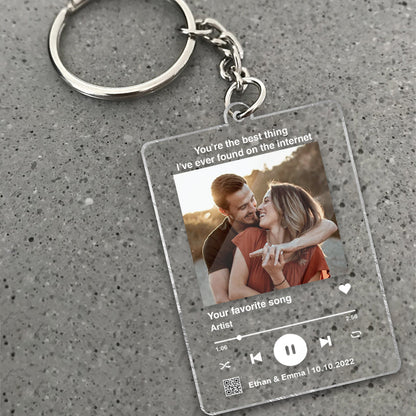 Custom Photo And Favorite Song Scannable QR Code - Personalized Husband And Wife Transparent Keychain