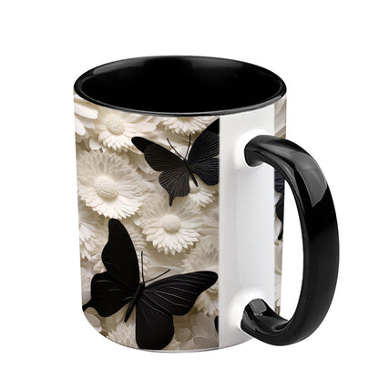 Elegant Black And White Butterflies And Flowers - Personalized Butterfly Accent Mug