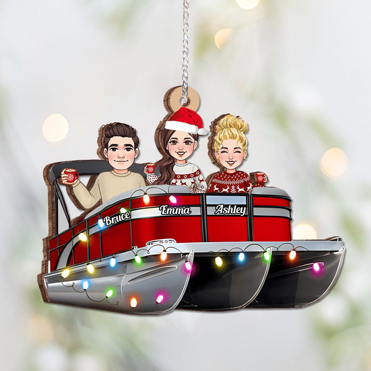 Christmas Light Pontoon Boat - Personalized Pontoon Ornament