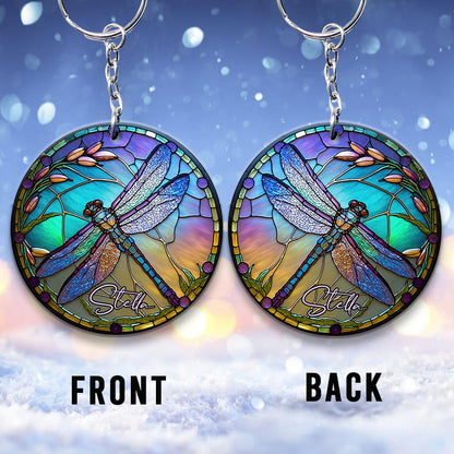 Stained Glass Dragonfly - Personalized Dragonfly Keychain (Printed On Both Sides)