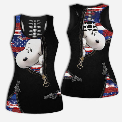 Blue, Red And White Dog - Personalized Independence Day Hollow Tank Top and Leggings