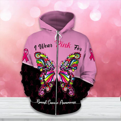 Colorful We Wear Pink Butterfly Breast Cancer Awareness All Over T-shirt and Hoodie