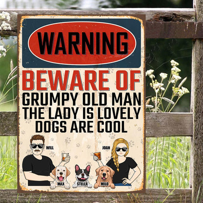 Beware Of Grumpy Old Man Lovely Lady Cool Dogs - Personalized Couple Dog Rectangle Metal Sign