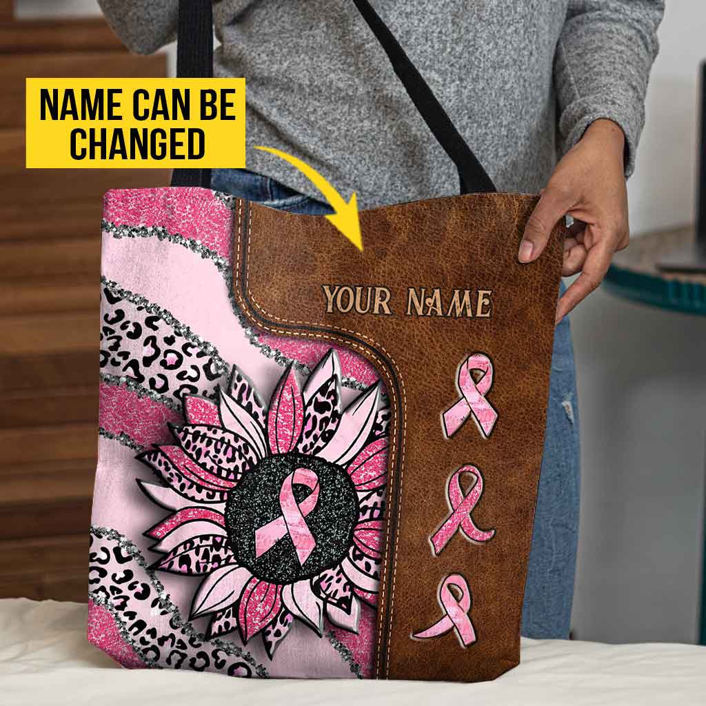 Wavy Pink Ribbon Leopard Sunflower Breast Cancer Awareness Personalized Tote Bag