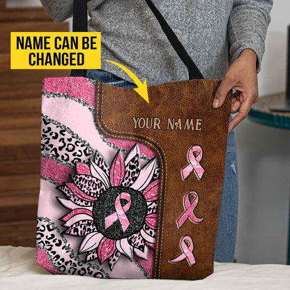 Wavy Pink Ribbon Leopard Sunflower Breast Cancer Awareness Personalized Tote Bag