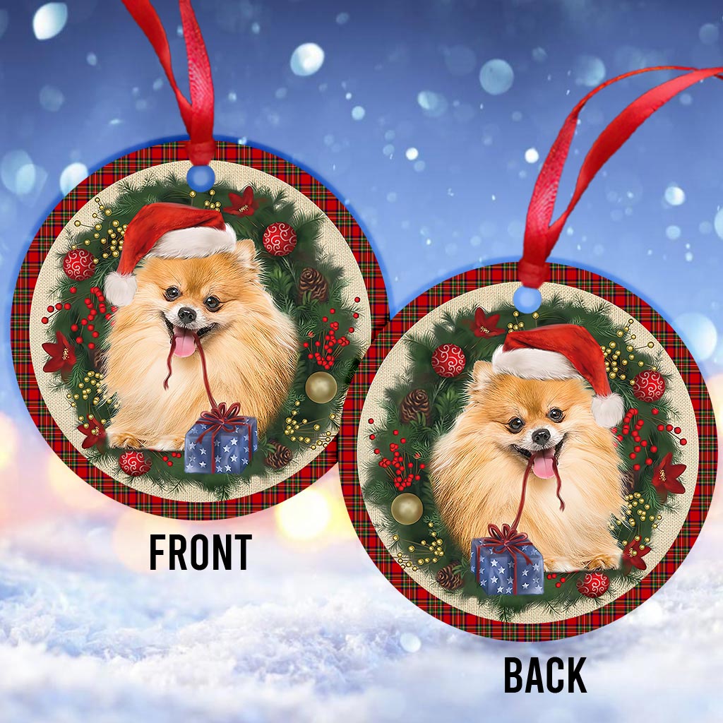 Pomeranian Red Christmas Wreath - Dog Ornament (Printed On Both Sides) 1122