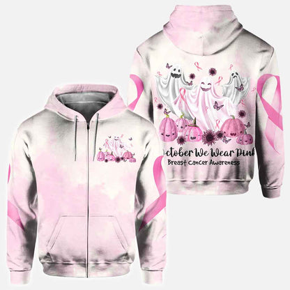 Boo in October We Wear Pink Breast Cancer Awareness All Over T-shirt and Hoodie