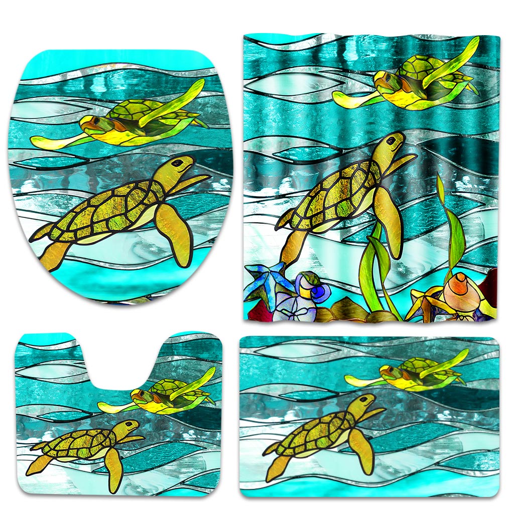Turtle Lover Beach Soul Ocean Vibes - Turtle Bathroom Curtain & Mats Set