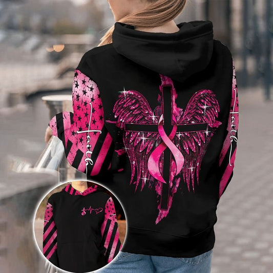 Faith Breast Cancer Cross Wings Breast Cancer Awareness All Over T-shirt and Hoodie