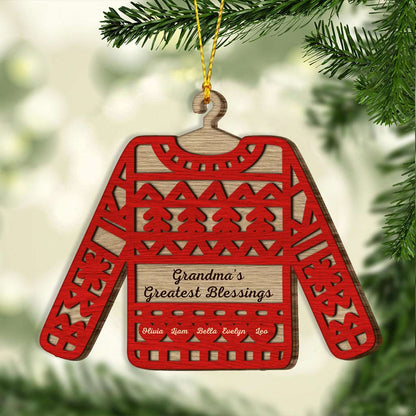 Grandma's Sweater Greatest Blessings - Personalized Christmas Layered Wood Ornament