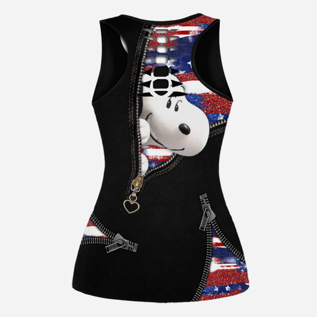 Blue, Red And White Dog - Personalized Independence Day Hollow Tank Top and Leggings