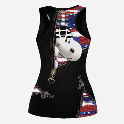 Blue, Red And White Dog - Personalized Independence Day Hollow Tank Top and Leggings