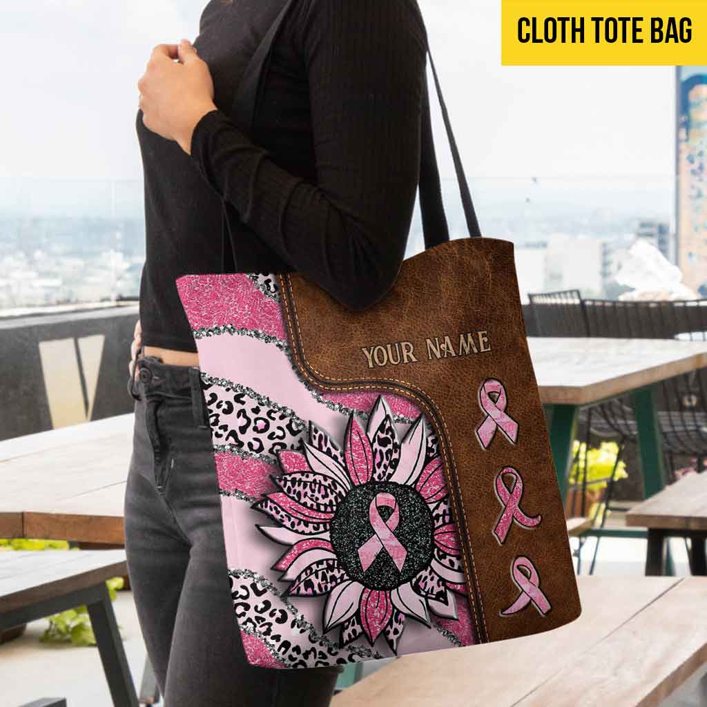 Wavy Pink Ribbon Leopard Sunflower Breast Cancer Awareness Personalized Tote Bag