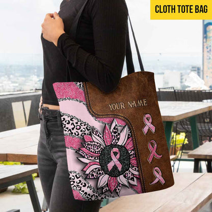 Wavy Pink Ribbon Leopard Sunflower Breast Cancer Awareness Personalized Tote Bag