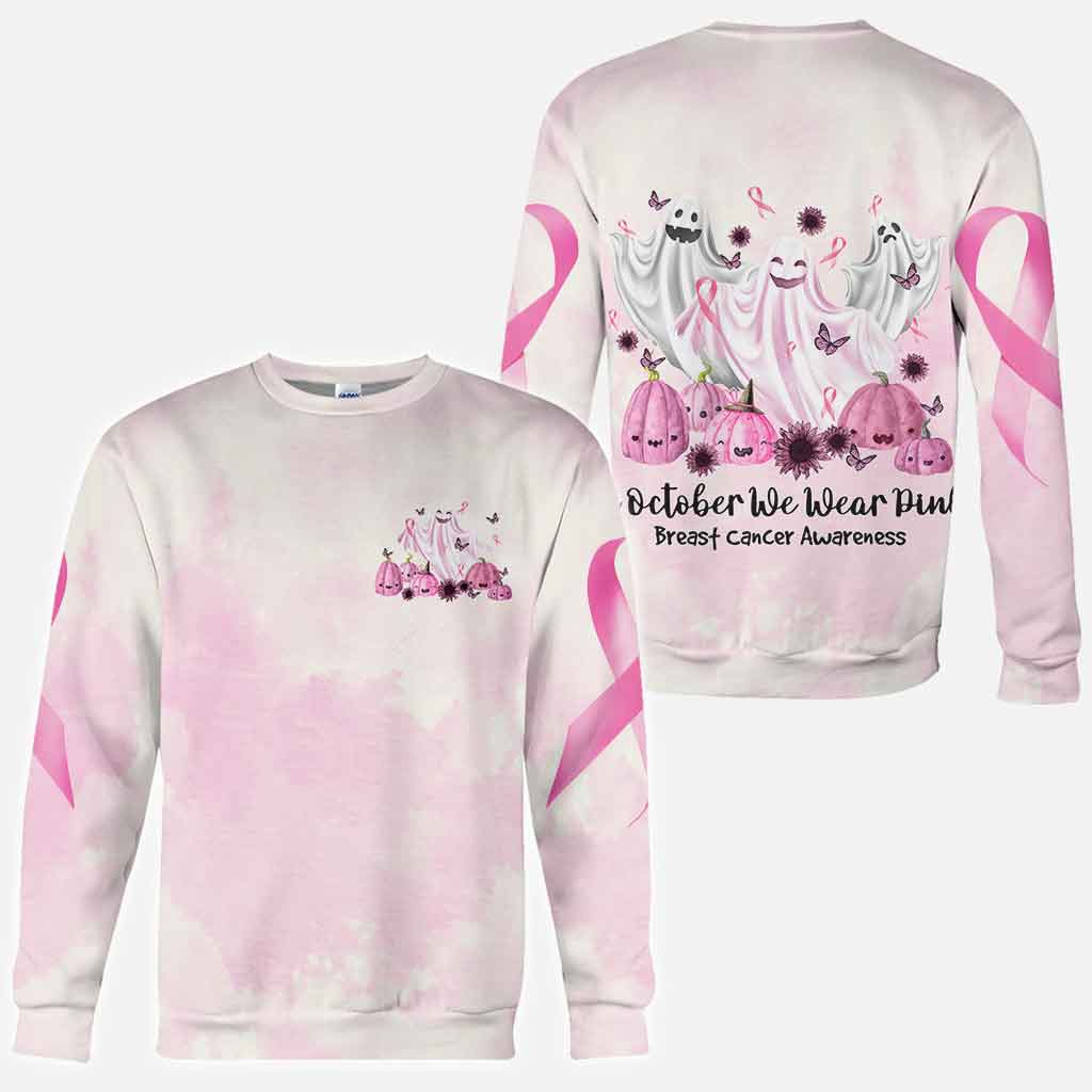 Boo in October We Wear Pink Breast Cancer Awareness All Over T-shirt and Hoodie