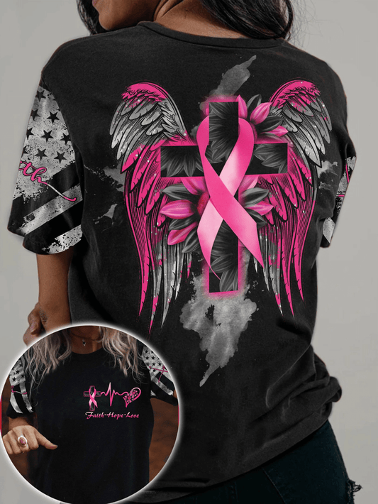 Cross Wing Sunflower Breast Cancer - Breast Cancer Awareness All Over T-shirt and Hoodie 0822
