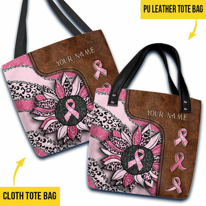 Wavy Pink Ribbon Leopard Sunflower Breast Cancer Awareness Personalized Tote Bag