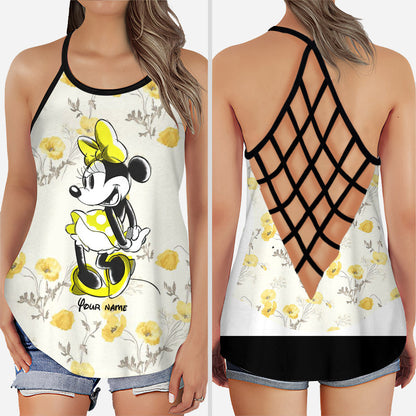 Yellow Floral - Personalized Mouse Cross Tank Top and Leggings