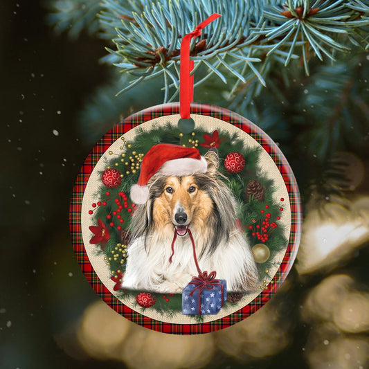 Rough Collie Red Christmas Wreath - Dog Ornament (Printed On Both Sides) 1122