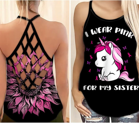 I Wear Pink For My Sister - Breast Cancer Awareness Cross Tank Top 0722