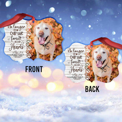 No Longer By Our Side But Forever In Our Hearts - Personalized Christmas Dog Ornament (Printed On Both Sides)
