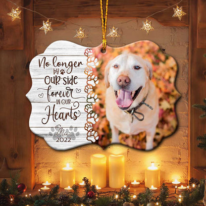 No Longer By Our Side But Forever In Our Hearts - Personalized Christmas Dog Ornament (Printed On Both Sides)