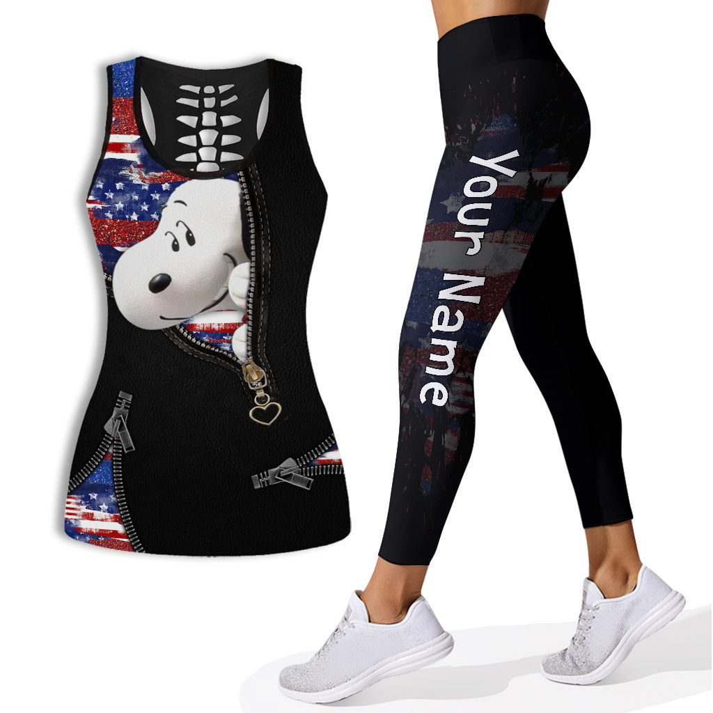 Blue, Red And White Dog - Personalized Independence Day Hollow Tank Top and Leggings