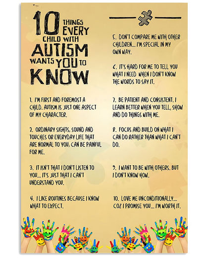 10 Things You Need To Know About Autism - Children Autism Awareness Poster 0921