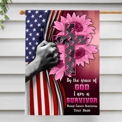 By The Grace Of God I'm A Survivor - Personalized Breast Cancer Awareness House Flag
