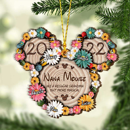 Magical Nana Flowers Mouse Ears - Personalized Christmas Grandma Layered Wood Ornament