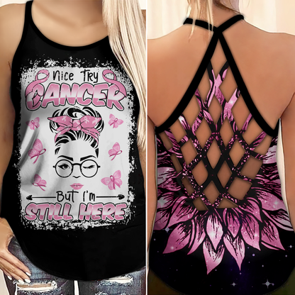 Nice Try Cancer - Breast Cancer Awareness Cross Tank Top 0722