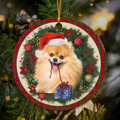 Pomeranian Red Christmas Wreath - Dog Ornament (Printed On Both Sides) 1122