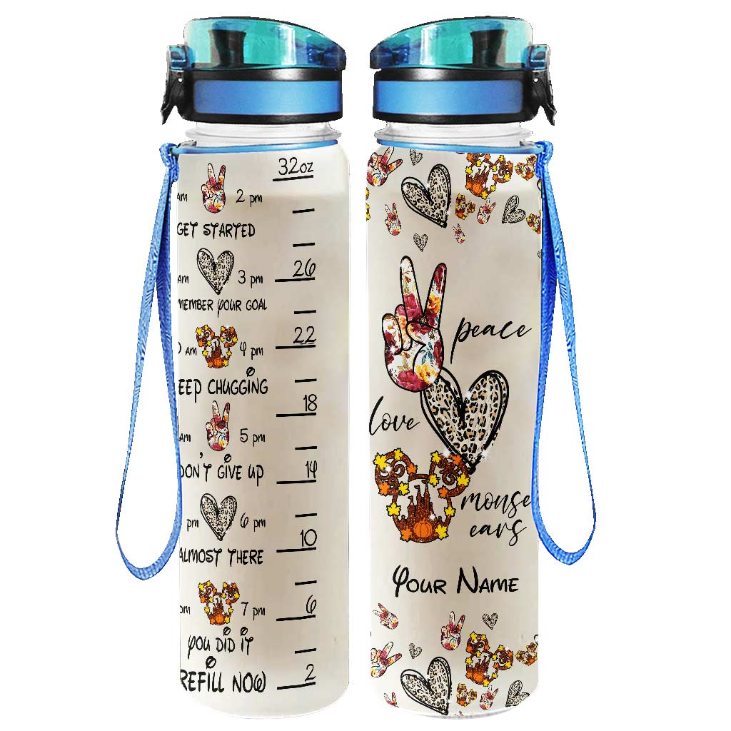 Peace Love Mouse Ears - Personalized Mouse Water Tracker Bottle