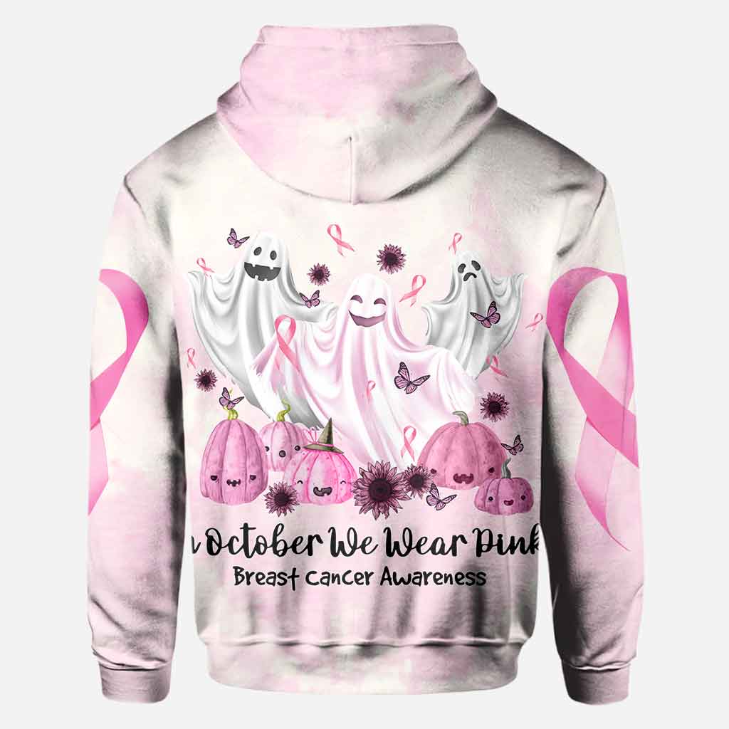 Boo in October We Wear Pink Breast Cancer Awareness All Over T-shirt and Hoodie