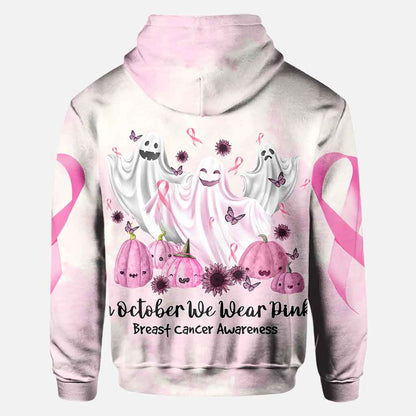Boo in October We Wear Pink Breast Cancer Awareness All Over T-shirt and Hoodie