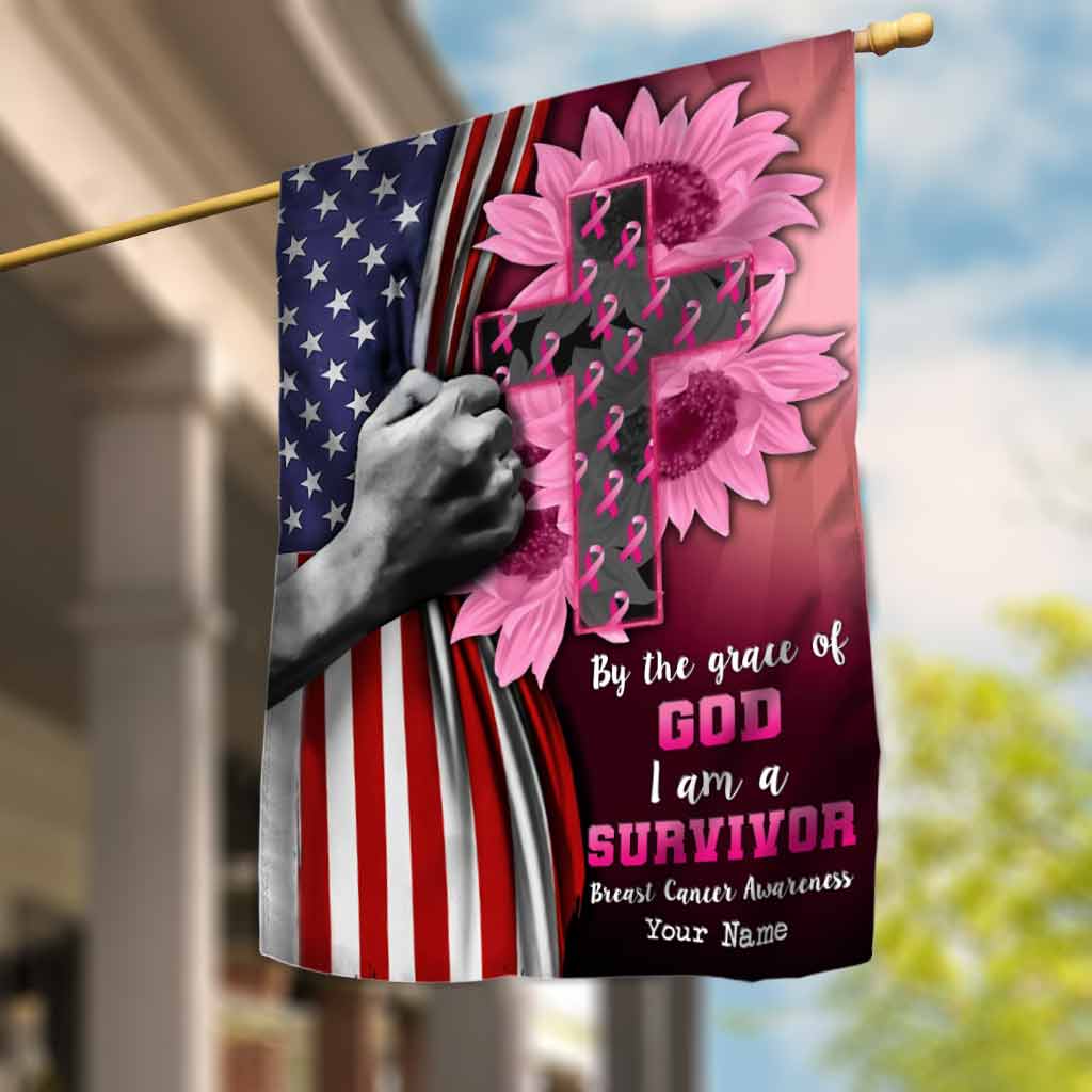 By The Grace Of God I'm A Survivor - Personalized Breast Cancer Awareness House Flag