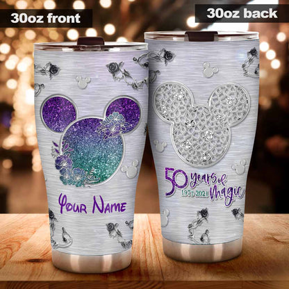 50 Years Of Magic - Personalized Mouse Tumbler With Metal Pattern Print