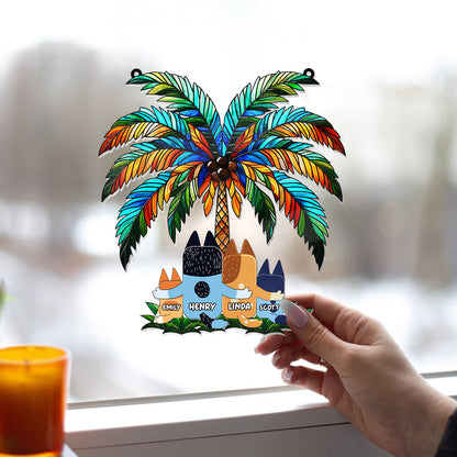 Family Under The Palm Tree - Personalized Window Hanging Suncatcher Ornament