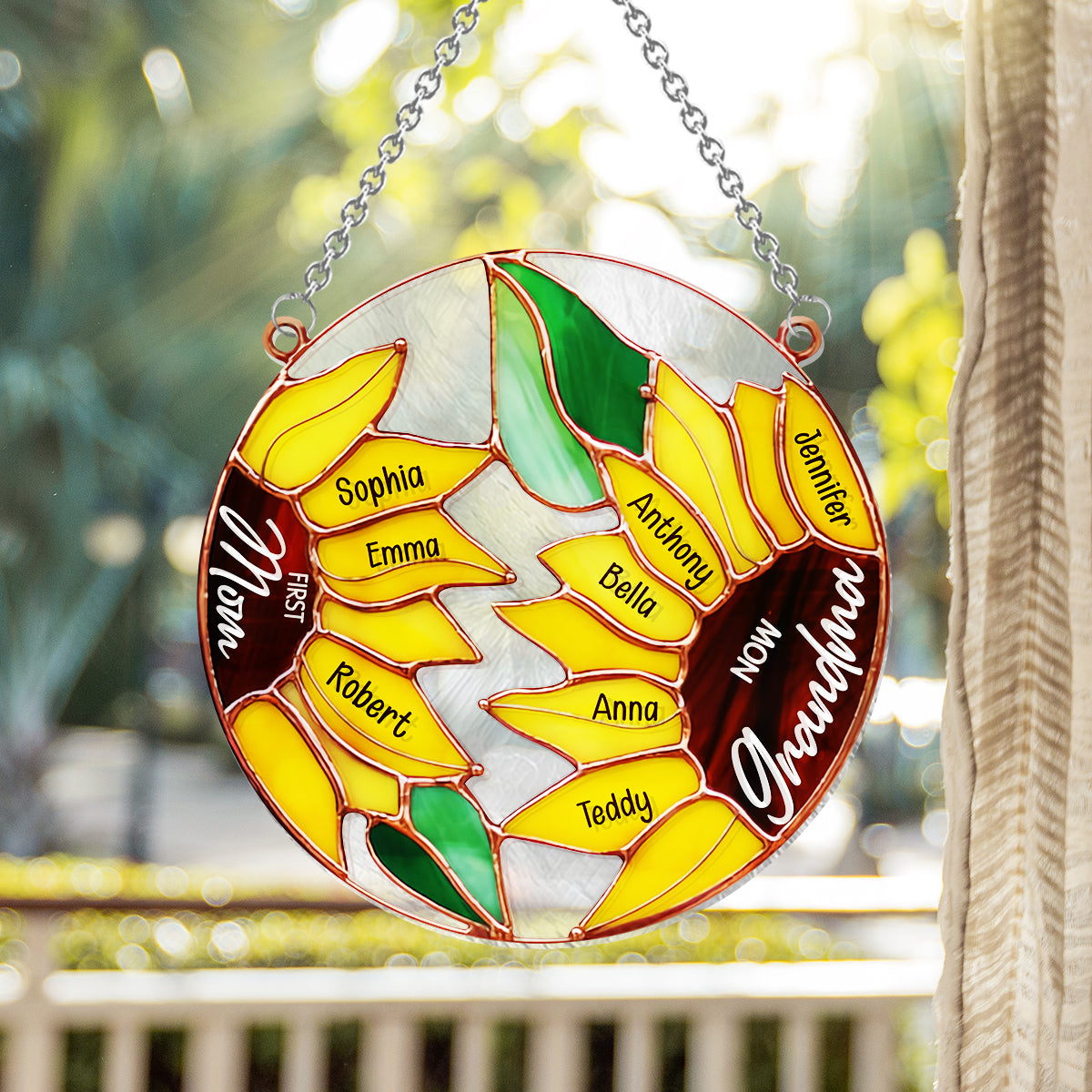First Mom Now Grandma Sunflower - Personalized Grandma Window Hanging Suncatcher Ornament
