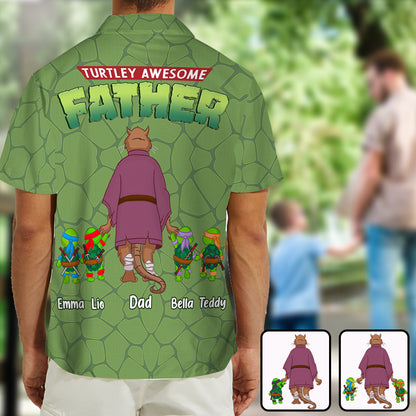Turtley Awesome Father - Personalized Green Turtles Hawaiian Shirt