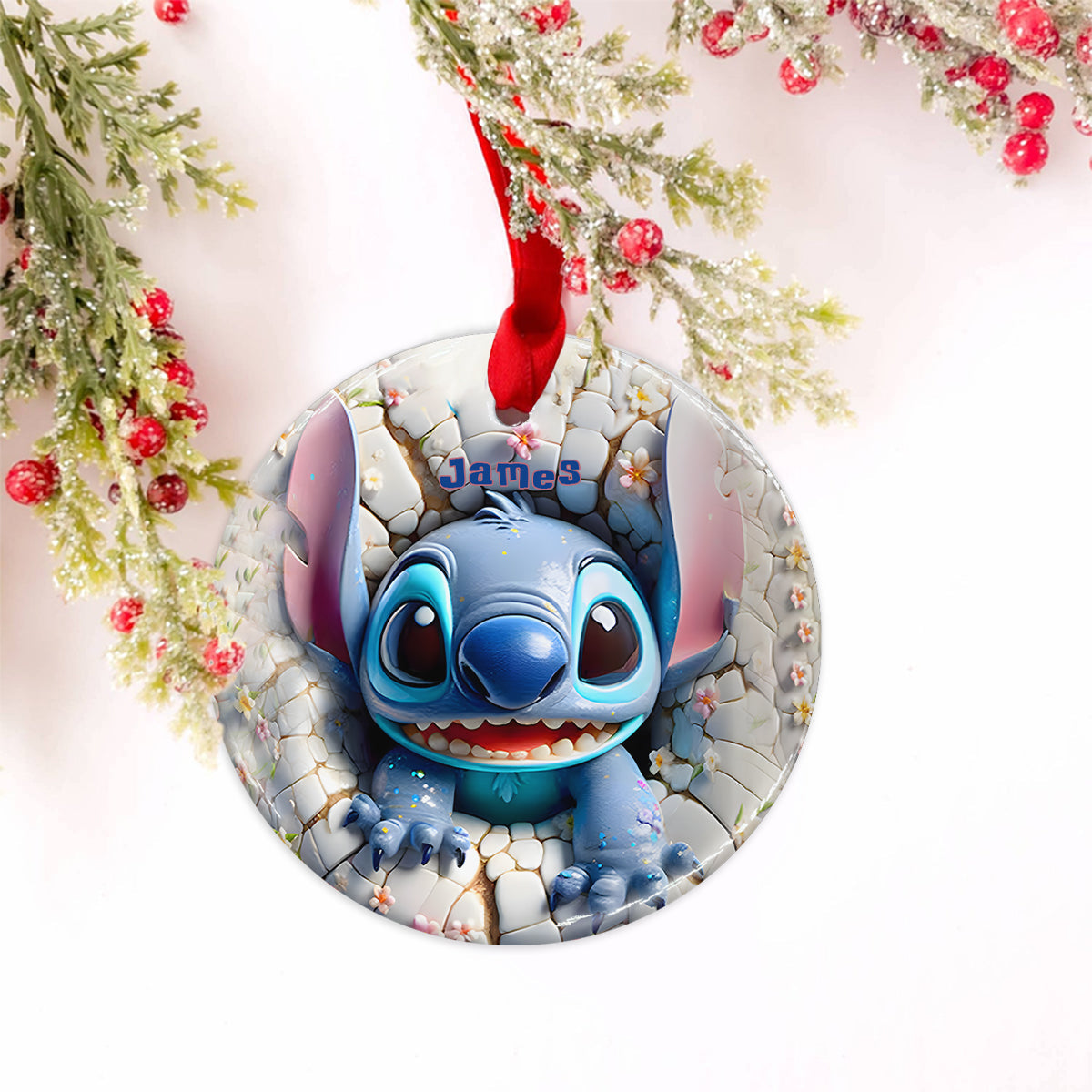 Merry Stitchmas - Personalized Ohana Ceramic Circle Ornament