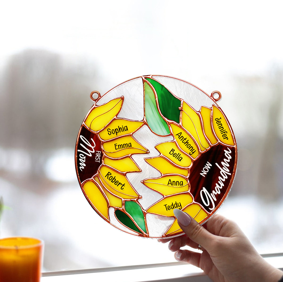 First Mom Now Grandma Sunflower - Personalized Grandma Window Hanging Suncatcher Ornament
