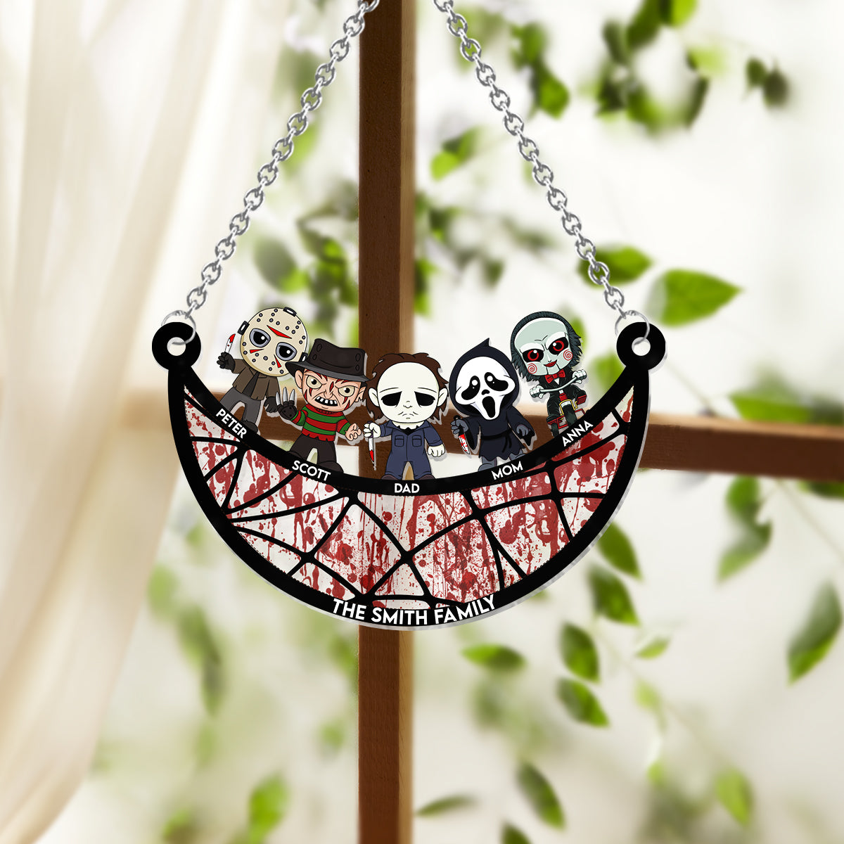 In This House We Love Scary Movies - Personalized Window Hanging Suncatcher Ornament
