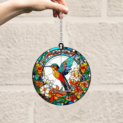 Beautiful Hummingbird Surrounded by Flowers - Personalized Hummingbird Window Hanging Suncatcher Ornament