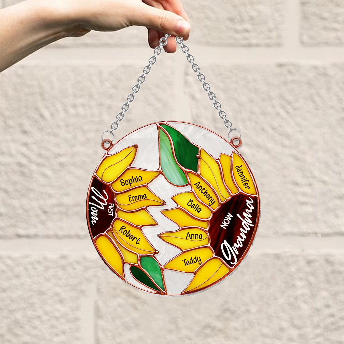 First Mom Now Grandma Sunflower - Personalized Grandma Window Hanging Suncatcher Ornament