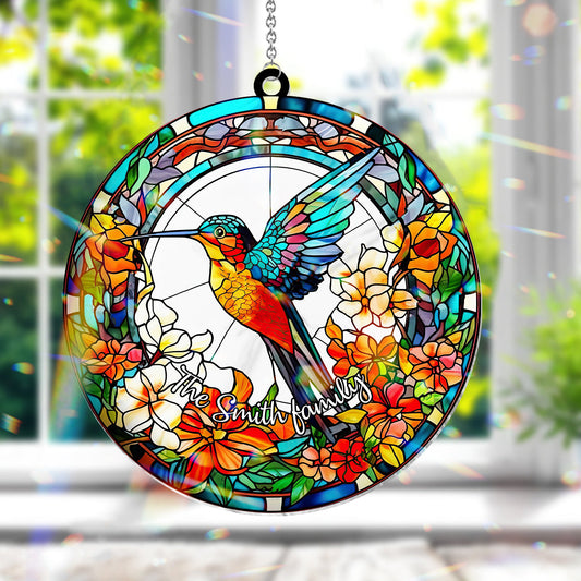 Beautiful Hummingbird Surrounded by Flowers - Personalized Hummingbird Window Hanging Suncatcher Ornament