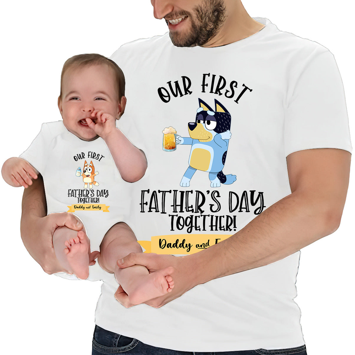 Our First Father's Day Mother's Day Together Drink Cool Blue Dog - Personalized Father T-shirt And Baby Onesie