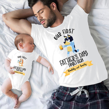 Our First Father's Day Mother's Day Together Drink Cool Blue Dog - Personalized Father T-shirt And Baby Onesie