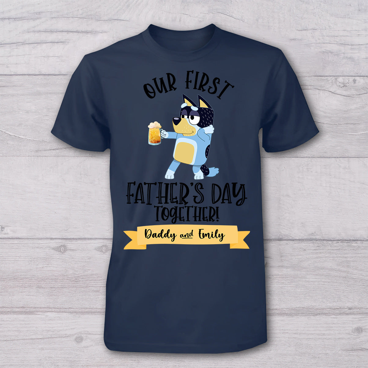Our First Father's Day Mother's Day Together Drink Cool Blue Dog - Personalized Father T-shirt And Baby Onesie